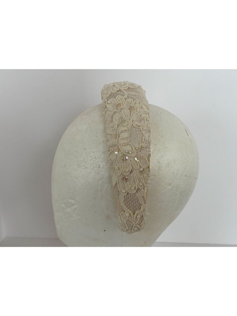 Ivory Lace Pearl Beaded Headband Bridal Wide Padded Wedding Vintage Bride - Picture 7 of 12